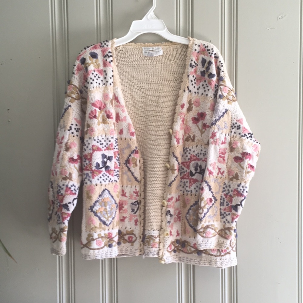 Vintage Jennifer Reed Knit By Hand Floral Cardigan Sweater